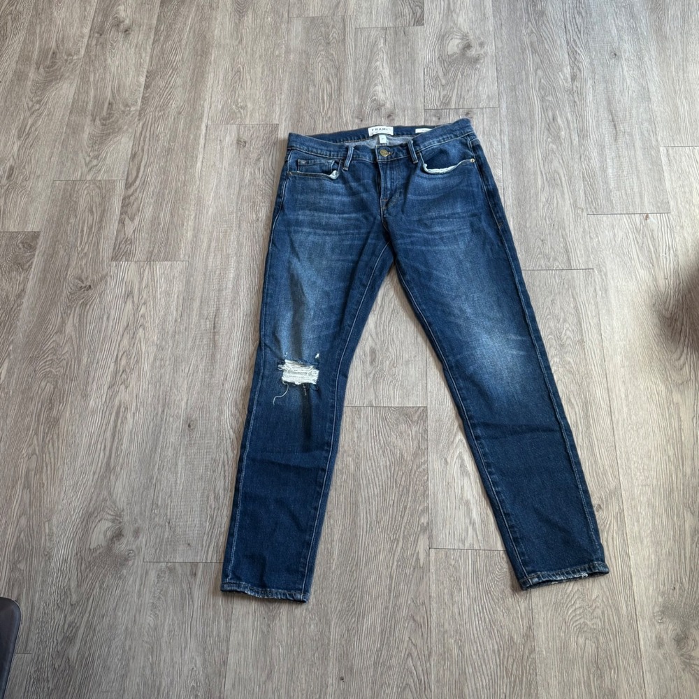 FRAME Le Garcon Watson Slim Boyfriend Jeans Dark Wash Distressed Size 27 LGJ415